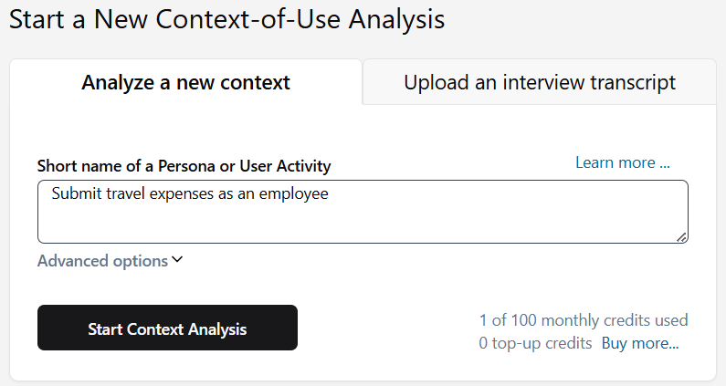 Table: Instructing the product context analyzer to perform a context-of-use analysis for your product
